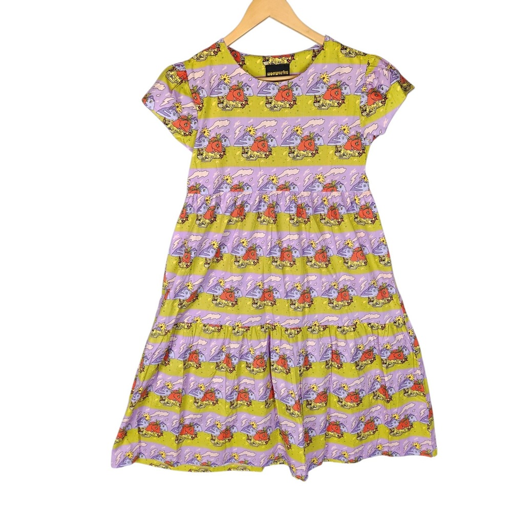 Nooworks Jammin Midi Dress XS Purple Yellow Strawberry Graphic Print
